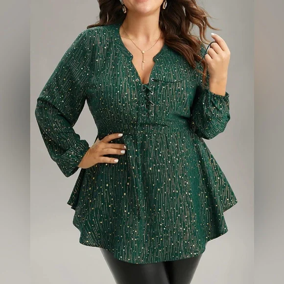 BloomChic Plus Glitter Lantern Sleeve Blouse - Picture 2 of 13